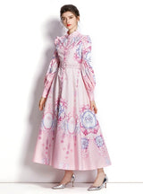 Holiday Collar Lantern Sleeve Print Dress