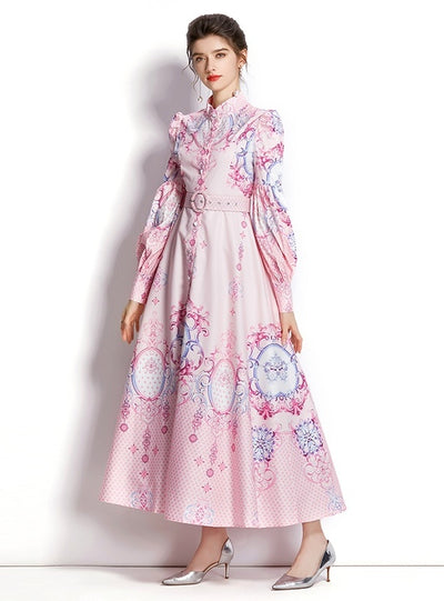 Holiday Collar Lantern Sleeve Print Dress