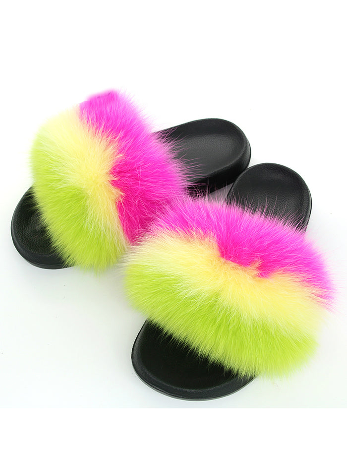 Women Fox Fur Slippers Real Fur Slides Female Indoor Flip