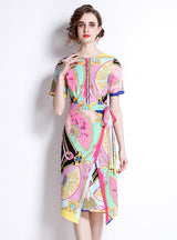 Printed Slim Waist Short Sleeve Dress