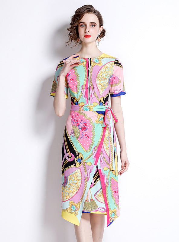 Printed Slim Waist Short Sleeve Dress