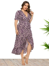 Large Size V-neck Ruffled Irregular Leopard Print Dress