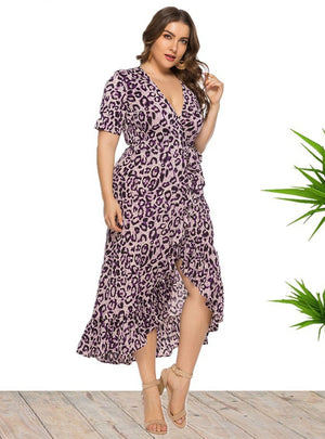 Large Size V-neck Ruffled Irregular Leopard Print Dress