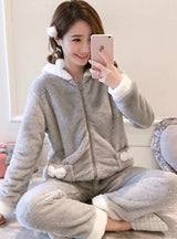 Women Gray Zipper Up Velvet Suit Sleepwear