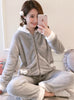 Women Gray Zipper Up Velvet Suit Sleepwear