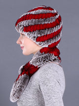 Warm Pineapple Rex Rabbit Fur Hat Scarf Set