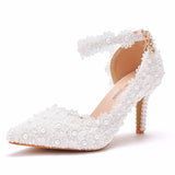 White Lace Pointed Heels Wedding Shoes