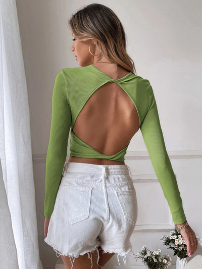 Sexy Backless Short Slim Knit Long Sleeve T-shirt