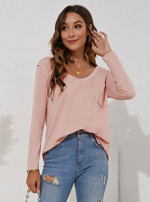 Loose Pocket Hem Stitching Long Sleeve T-shirt