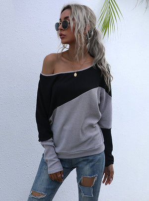 Loose Stitching Pullover Contrast Long Sleeve T-shirt