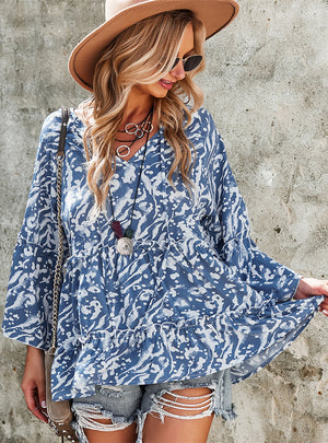 Loose Print Long Sleeve Shirt Top