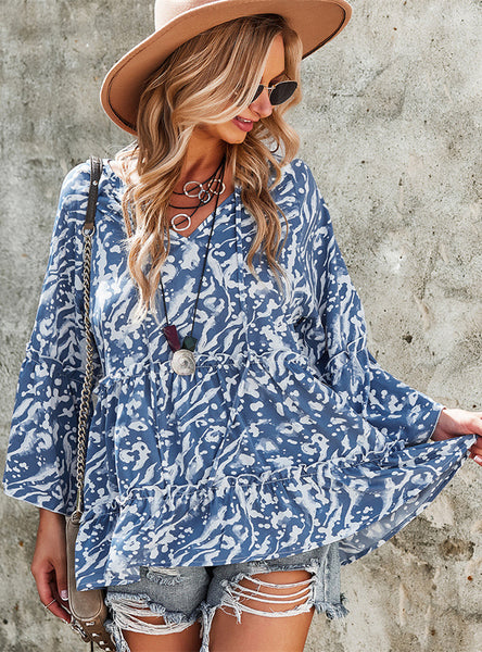 Loose Print Long Sleeve Shirt Top