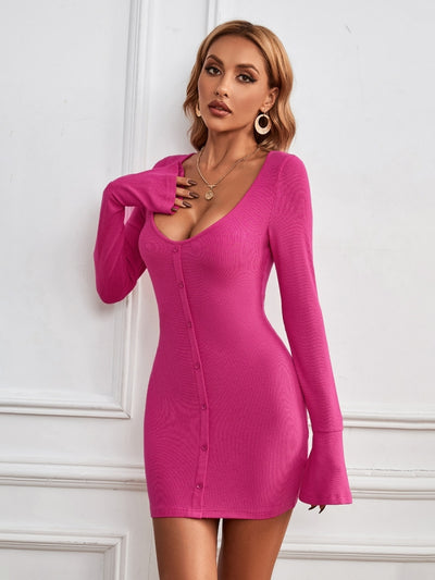 Sexy Single-breasted Knitted Long-sleeved Dress
