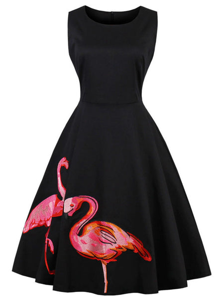 Black Embroidery Flamingo Print Vintage Dress 