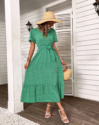 V-neck Print Short Sleeve Dress