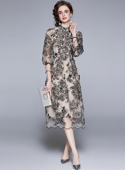 Long Slim Gauze Embroidery Dress