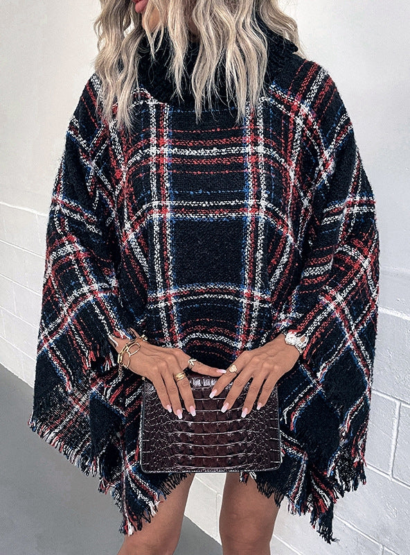 Cape Lapel Striped Colored Check Shawl