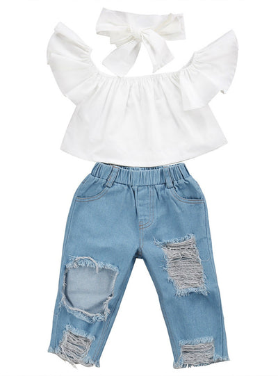 Tops White+ Hole Denim Pant Jean Headband 3PCS 