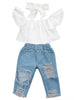 Tops White+ Hole Denim Pant Jean Headband 3PCS 