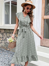 Summer Printed Ruffled Lace-up Dress