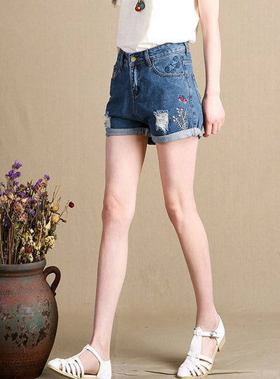 Loose Ripped Denim Shorts Embroidery Hot Pants