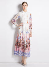 Bohemian Lapel Waist-exposed Hollow Print Long Dress