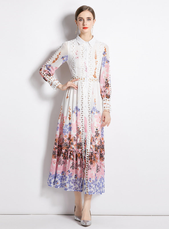 Bohemian Lapel Waist-exposed Hollow Print Long Dress