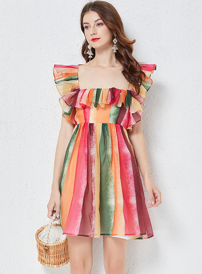 Rainbow Yarn Square Collar Backless Dress