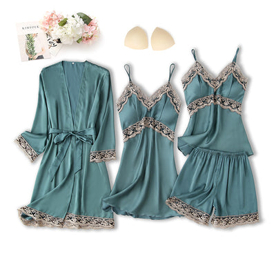 Silk-like Pajamas Four-piece Sling Long Sleeve Nightgown