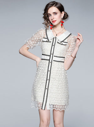 Lapel Daisy Embroidered Hollow Dress