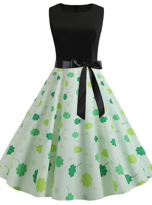 Retro Sleeveless Four-leaf Clover Print Dress