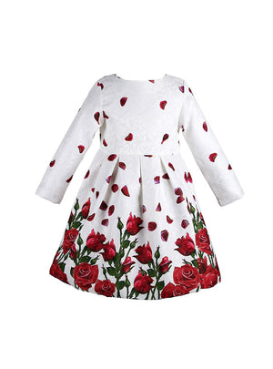Long Sleeve Christmas Dresses Kids Clothes Rose Flower