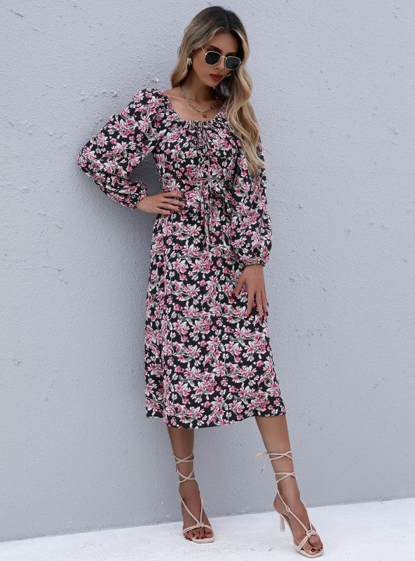 Long Sleeve Floral Square Collar Pleated Dress