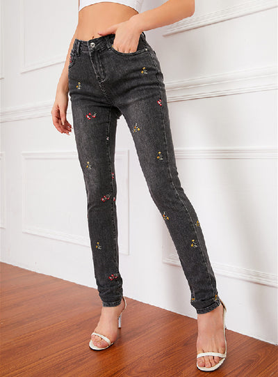 Embroidered Slim Elastic Pencil Pants