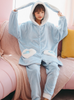 Women Winter Blue Long Sleeve White Pocket Sleepwear