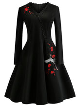 V-neck Embroidered Long Sleeve Dress