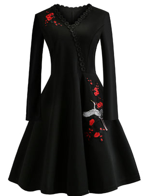 V-neck Embroidered Long Sleeve Dress