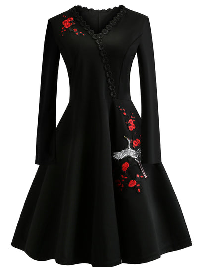 V-neck Embroidered Long Sleeve Dress