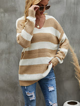 Loose Stitching V-neck Striped Sweater