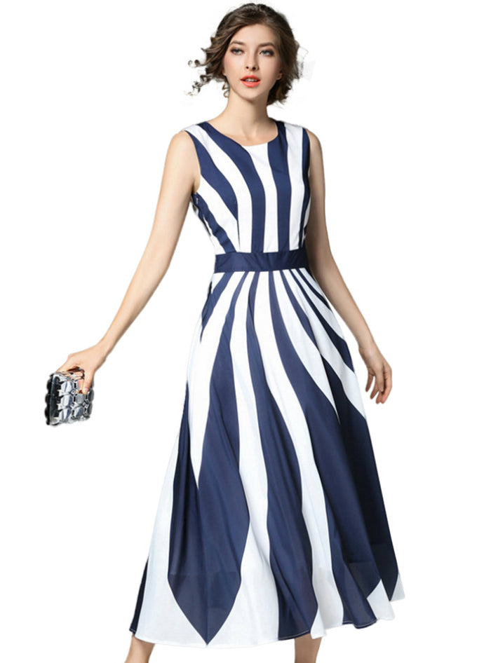 Slim Striped Big Hem Chiffon A-Line Casual Dress 