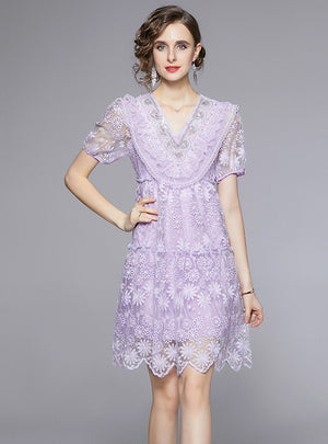 Beaded Embroidered Lace V-neck Short Sleeve Dress