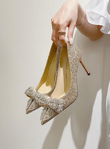 Golden Rhinestone Bow Crystal High-heeled Shoes