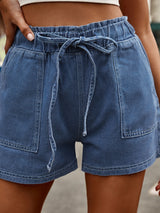 Elastic Waist Drawstring Denim Shorts