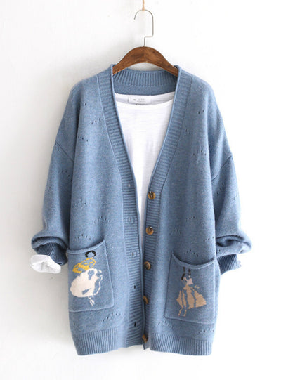 Women V Neck Cardigan Hollow Pocket Girl's Coat