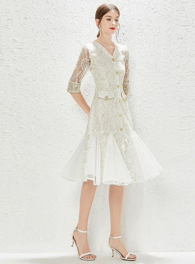 V-neck Embroidered Lace Mesh Fishtail Dress