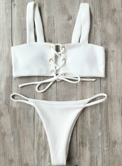 Lace Up Ribbed Texture Bikini Low Waist Wire 