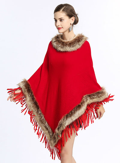 Fox Like Fur Collar Fringed Pullover Knitted Cape Shawl