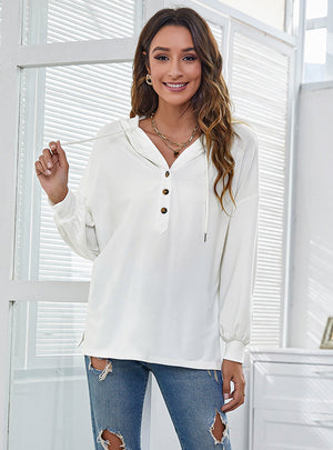 V-neck Drawstring Hooded Top Long Sleeve T-shirt