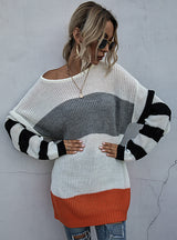 Color Matching V-neck Loose Knit Sweater