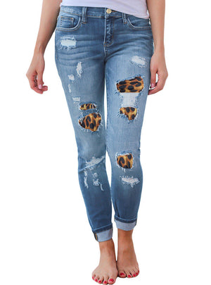 Leopard Print Hole Patch Elastic Feet Jeans